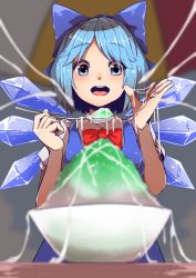  1girl :d blue_bow blue_dress blue_eyes blue_hair blurry blurry_background blurry_foreground blush bow bowtie breasts cirno commentary_request dress eyes_visible_through_hair food grey_background hair_bow hands_up highres holding holding_spoon ice ice_wings kefir looking_at_viewer medium_breasts open_mouth parted_bangs puffy_short_sleeves puffy_sleeves red_bow red_bowtie sexually_suggestive shaved_ice short_sleeves simple_background smile solo spoon starraisins suggestive_fluid table teeth touhou upper_body upper_teeth_only wings 