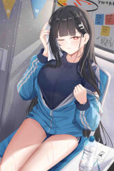  1girl absurdres aris_(blue_archive) black_hair black_shirt blue_archive blue_buruma blue_jacket blush bottle breasts bright_pupils buruma hair_ornament hairpin halo highres id_card jacket large_breasts leonardo_566 long_hair long_sleeves looking_at_viewer one_eye_closed open_mouth red_eyes rio_(blue_archive) shirt sitting solo sweat track_jacket water_bottle white_pupils 