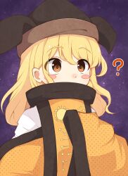  1girl ? absurdres aged_down black_hat blonde_hair brown_eyes brown_hat commentary_request covered_mouth galaxy hat highres iyo_mamoru long_hair long_sleeves matara_okina orange_sleeves orange_tabard outdoors pointy_hat shirt solo tabard touhou undershirt white_shirt wide_sleeves 
