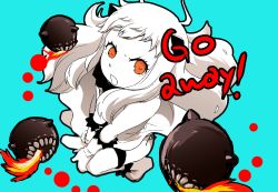  10s 1girl abyssal_ship ahoge colored_skin dress enemy_aircraft_(kancolle) full_body go_back! hageo horns kantai_collection mittens northern_ocean_princess open_mouth orange_eyes sleeveless sleeveless_dress solo white_dress white_hair white_skin 