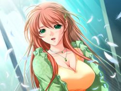  1girl akibakei_kanojo aoi_ren breasts cleavage feathers game_cg green_eyes hair_ornament hairclip huge_breasts jewelry large_breasts long_hair necklace orange_hair pink_hair sano_toshihide solo  rating:Sensitive score:17 user:danbooru