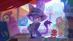 1girl animal_ears armor black_sclera blaze_the_cat book book_stack candy cat_ears cat_girl cat_tail colored_sclera fishing_lure food furry furry_female gauntlets lollipop market official_art open_mouth percival_(sonic) ponytail purple_fur smile sonic_(series) sonic_and_the_black_knight swirl_lollipop tail thinking uno_yuuji visor_(armor) yellow_eyes