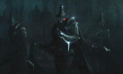  6+boys absurdres abyss_watcher armor cape dagger dark_souls_(series) dark_souls_iii full_armor gauntlets greatsword helmet highres holding holding_dagger holding_knife holding_sword holding_weapon knife multiple_boys pauldrons pointy_hat red_eyes shoulder_armor shoulder_plates sword torn_cape torn_clothes vulpes-ibculta weapon 