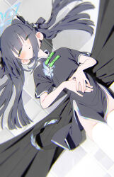  1girl absurdres animal_ears black_dress black_hair blue_archive bm_tol china_dress chinese_clothes dress half-closed_eyes halo highres looking_at_viewer lying on_back own_hands_together pelvic_curtain raccoon_ears short_sleeves shun_(blue_archive) shun_(small)_(blue_archive) solo thighhighs twintails white_thighhighs  rating:Sensitive score:9 user:danbooru