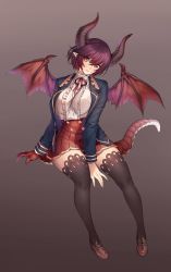  1girl absurdres bat_wings brown_footwear claws dragon_girl granblue_fantasy grea_(shingeki_no_bahamut) highres horns monster_girl naidong_(artist) pleated_skirt pointy_ears purple_hair scales short_hair skirt solo tail thighhighs wings yellow_eyes  rating:Sensitive score:27 user:aelphais