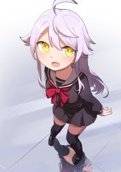 1girl :d absurdres ahoge arms_at_sides black_footwear black_thighhighs blush bow bowtie bright_pupils censored extended_upskirt foreshortening from_above full_body goe_(g-o-e) gradient_background grey_background grey_shirt grey_skirt hair_between_eyes highres light_purple_hair loafers long_hair looking_at_viewer looking_up miniskirt mosaic_censoring navel no_panties open_mouth otonashi_ichie pleated_skirt pussy red_bow red_bowtie reflection reflective_floor rinmeikan_girls_school_uniform sailor_collar school_uniform serafuku shirt shoes shoujo_kageki_revue_starlight shoujo_kageki_revue_starlight_-re_live- sidelocks skirt smile solo thighhighs tile_floor tiles upskirt white_background white_pupils white_sailor_collar yellow_eyes rating:Explicit score:45 user:danbooru