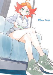  1girl :3 ahoge amanda_o&#039;neill blush breasts closed_mouth couch crossed_legs domdom green_eyes highres indoors little_witch_academia looking_at_viewer on_couch orange_hair short_hair signature sitting small_breasts smile solo 