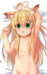  1girl animal_ears arm_up armpits bad_id bad_pixiv_id blonde_hair cat_ears ear_piercing ekuran1111 flat_chest green_eyes groin hair_censor hair_ornament hair_over_breasts hairclip loli long_hair lying navel nude on_back open_mouth original out-of-frame_censoring piercing solo  rating:Questionable score:17 user:danbooru