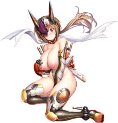  blush boots breasts breasts_out brown_eyes brown_hair full_body gloves large_breasts lilith-soft nipples official_art pussy_juice scarf sentai superhero_costume taimanin_(series) taimanin_rpgx topless utashima_mugi 