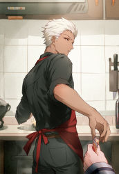 1boy apron archer_(fate) bad_id bad_pixiv_id black_pants black_shirt brown_eyes casual changye chinese_commentary commentary_request cooking cowboy_shot dark-skinned_male dark_skin fate/grand_order fate/stay_night fate_(series) food from_behind fujimaru_ritsuka_(female) holding holding_food indoors kitchen long_sleeves looking_back pants pov red_apron shirt sink sleeves_rolled_up solo_focus white_hair rating:Sensitive score:9 user:danbooru