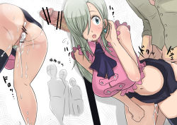  10s 1boy 1girl adjusting_hair after_anal aftersex ass bent_over blue_eyes breath censored clothes_lift cum cum_in_ass cum_in_pussy cumdrip earrings elizabeth_liones green_hair hair_over_one_eye hetero jewelry looking_back midriff nanatsu_no_taizai penis pointless_censoring public_use sex shiva_(tairakuten) single_thighhigh skirt skirt_lift solo_focus thighhighs vaginal  rating:Explicit score:267 user:danbooru