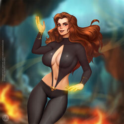  1girl black_pantyhose black_shirt blurry blurry_background blush breasts brown_eyes center_opening cleavage commentary_request didi_esmeralda floating_hair glowing_hands hip_vent large_breasts long_hair looking_at_viewer marvel mixed-language_commentary navel nose painttool_sai_(medium) pantyhose parted_lips partial_commentary satana_(marvel) shirt smile solo watermark web_address 