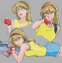  1girl bandaid bandaid_on_face blood blue_eyes breasts brown_hair character_request denim denim_shorts fingerless_gloves gloves grin gun legs long_hair looking_at_viewer lying medium_breasts nosebleed on_stomach open_mouth shirt shorts sideboob sleeveless sleeveless_shirt smile the_pose thighs weapon 