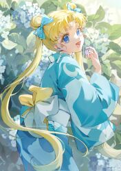 1girl :d absurdres bishoujo_senshi_sailor_moon blonde_hair blue_bow blue_eyes blue_kimono bow chuanhe_duanduanzi crescent_print double_bun earrings flower from_side hair_bow hair_bun hand_up highres holding holding_flower hydrangea japanese_clothes jewelry kimono long_hair looking_at_viewer obi open_mouth plant sash signature smile solo tsukino_usagi twintails upper_body very_long_hair wind_chime_earrings 