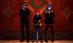  00s absurdres baseball_bat blue_hair cross dark_skin dungeon_and_fighter female_priest_(dungeon_and_fighter) formal glasses gloves hat highres knife mage_(dungeon_and_fighter) male_priest_(dungeon_and_fighter) male_thief_(dungeon_and_fighter) red_hair suit  rating:Sensitive score:13 user:Eiji