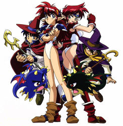 1990s_(style) 2boys 2girls ankle_boots armor ass bare_legs bat_wings blue_eyes boots breastplate breasts brown_footwear cape cloak creature crossed_arms dark_persona elf falcom fingerless_gloves floating full_body gaw_(popful_mail) gloves hand_up hat leotard looking_back lowres mail_(popful_mail) medium_breasts multiple_boys multiple_girls official_art pauldrons pointy_ears popful_mail popful_mail_(character) pout purple_cape purple_headwear red_cape red_eyes red_hair red_headwear retro_artstyle shoulder_armor simple_background smile staff standing tatto_(popful_mail) white_background white_leotard wings witch_hat wizard rating:Sensitive score:31 user:danbooru