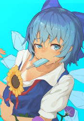 1girl blue_background blue_eyes blue_hair bow cirno female_focus flower food hair_bow highres ice_cream mirukia popsicle simple_background solo sunflower sweat tan tanline touhou rating:Sensitive score:14 user:Dweenie