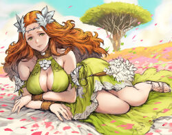  1girl bare_shoulders blue_sky breasts circlet cleavage cleavage_cutout clothing_cutout cloud crossed_arms day detached_sleeves dress falling_petals final_fantasy final_fantasy_xiv forehead from_side full_body green_dress green_eyes hair_ornament halter_dress halterneck highres large_breasts leaf_hair_ornament long_hair looking_at_viewer lying makimura_shunsuke nophica on_side orange_hair outdoors petals pink_pupils sandals sketch sky sleeveless sleeveless_dress smile solo tree wavy_hair wristband 