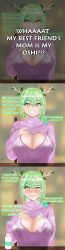  3panels absurdres aged_up alternate_breast_size alternate_hairstyle blurry blurry_background blush bottle braid branch breasts ceres_fauna chair cleavage cleavage_cutout cleavage_window clothing_cutout comic earrings eddarxart english_text eyebrows facing_viewer flower flower_on_head flowers_in_hair french_braid green_hair green_leaf green_nails hair_ornament hand_on_own_chest highres holocouncil hololive hololive_english horns indoors jewelry lactation lactation_through_clothes large_breasts leaf leaf_hair_ornament low_ponytail mature_female milk milk_bottle mint mole mole_under_eye multi_panel multicolored_hair nail_polish nails offering offering_drink offering_to_viewer pink_sweater pink_top ponytail pov presenting projectile_lactation ribbed_sweater short_hair simple_background sitting smile speech_bubble stained_clothes steaming_body sweat sweatdrop sweater table teeth text_focus turtleneck turtleneck_sweater two-tone_hair upper_body virtual_youtuber wooden_table yellow_eyes 