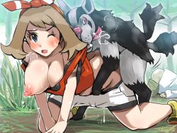 10s 1girl all_fours alternate_color bestiality blush boris_(noborhys) breasts brown_hair clothed_sex covered_erect_nipples creatures_(company) cum doggystyle game_freak gen_3_pokemon kneeling large_breasts may_(pokemon) may_(pokemon_oras) mightyena nintendo nipples one_eye_closed pokemon pokemon_(creature) pokemon_oras pokephilia sex sex_from_behind shiny_skin sweat vaginal rating:Explicit score:229 user:bokehbrain