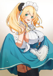  1girl adapted_costume alternate_costume apron atago_(kancolle) ayuman blonde_hair blush breasts corset enmaided frilled_apron frills gradient_background highres kantai_collection large_breasts long_hair looking_at_viewer maid maid_apron maid_headdress open_mouth ponytail skirt smile solo thighhighs white_apron white_background 