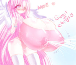 1girl angel artist_request bad_tag blush body_blush breasts curvy gigantic_breasts heart lactation large_areolae long_hair milk groin nipples original pink_eyes pink_hair puffy_nipples solo standing tears thighhighs very_long_hair rating:Questionable score:10 user:xdemon
