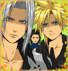  3boys armor black_hair blonde_hair blue_eyes blue_sweater cloud_strife collarbone commentary_request earrings expressionless final_fantasy final_fantasy_vii final_fantasy_vii_advent_children green_background green_eyes grey_hair hair_slicked_back hand_up jewelry long_bangs looking_at_viewer multiple_boys nervous_smile open_mouth parted_bangs pauldrons popochan-f sephiroth serious shaded_face short_hair shoulder_armor slit_pupils smile spiked_hair stud_earrings sweatdrop sweater turtleneck turtleneck_sweater upper_body v zack_fair 