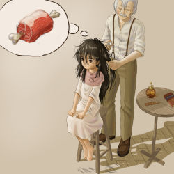  1boy 1girl bad_id bad_pixiv_id barefoot boned_meat book brown_eyes cutting_hair feral_child food grey_hair imagining injury long_hair meat messy_hair old old_man original scissors skyape stool table thought_bubble 