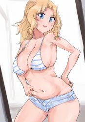 10s 1girl belly belly_grab bikini blonde_hair blue_bikini blue_eyes blue_shorts blush breasts cleavage commentary_request cowboy_shot cutoffs denim denim_shorts girls_und_panzer gluteal_fold hand_on_own_hip head_tilt highres kay_(girls_und_panzer) large_breasts light_blush long_hair looking_at_viewer navel open_mouth pinching plump reflection shorts skindentation smile solo standing striped_bikini striped_clothes sweat swimsuit thighs toku_(yhpv8752) weight_conscious rating:Sensitive score:41 user:danbooru