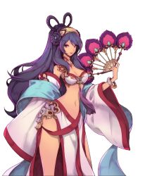  1girl artist_request bracelet braid braided_hair_rings breasts dancer diao_chan feet_out_of_frame finger_knights hair_rings hand_fan jewelry long_hair navel official_art pink_eyes purple_hair revealing_clothes simple_background solo source_request stomach tagme white_background 