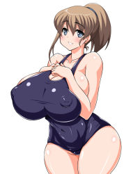  1girl black_eyes black_one-piece_swimsuit breast_suppress breasts brown_hair collarbone covered_erect_nipples curvy female_focus huge_breasts intrepid_(kancolle) kantai_collection kare_(pixiv1062137) long_hair looking_at_viewer one-piece_swimsuit ponytail school_swimsuit shiny_skin simple_background smile solo swimsuit white_background wide_hips 