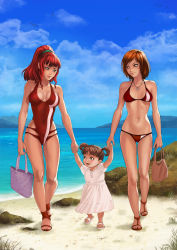  3girls beach bikini bloocarrot blunt_bangs breasts child cleavage covered_navel cross family good_end highleg highleg_swimsuit highres holding_hands if_they_mated jewelry jung_freud midriff mother_and_daughter multiple_girls navel necklace one-piece_swimsuit ponytail red_hair sandals skindentation skinny swimsuit takaya_noriko top_wo_nerae! yuri  rating:Sensitive score:72 user:DestyNova1
