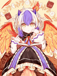  1girl bag bird_wings black_dress blue_hair blue_horns book closed_mouth commentary_request dress expressionless head_wings highres holding holding_quill horns light_blush long_sleeves looking_at_viewer medium_hair multicolored_hair neck_ribbon open_book orange_eyes quill red_ribbon ribbon ro.ro single_head_wing solo tokiko_(touhou) touhou two-tone_hair white_hair wide_sleeves wings 