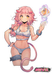  1girl absurdres animal_ears arknights bare_arms bare_shoulders cat_ears cat_tail commentary_request crop_top cropped_legs goldenglow_(arknights) grey_panties hand_up highres long_hair looking_at_viewer midriff movik navel panties pink_hair scrunchie simple_background solo sports_bra standing stomach tail thighs underwear white_background wrist_scrunchie yellow_eyes  rating:Sensitive score:17 user:danbooru