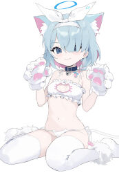  1girl absurdres animal_collar animal_hands arona_(blue_archive) bell blue_archive blue_eyes blue_hair blue_halo blush_stickers bra cat_cutout cat_lingerie cat_paws closed_mouth clothing_cutout collar colored_inner_hair gloves hair_over_one_eye halo highres jingle_bell meme_attire multicolored_hair navel neck_bell nihnfinite8 paw_gloves pink_hair short_hair simple_background solo thighhighs underwear white_background white_bra white_gloves white_thighhighs 