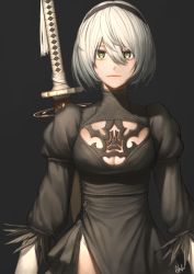 1girl ahd artist_request black_background black_dress unworn_blindfold breasts cleavage dress green_eyes hair_between_eyes hairband highres long_sleeves mole mole_under_mouth nier_(series) nier:automata no_blindfold puffy_sleeves short_hair simple_background solo sword upper_body weapon white_hair 2b_(nier:automata) rating:Sensitive score:21 user:danbooru