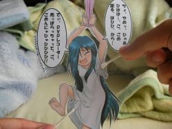 1girl arms_up barefoot bdsm blush bondage bound bound_wrists dress closed_eyes feet open_mouth paper_child papercraft soles tears the_ring tickle_torture tickling toes translated trembling white_dress yamamura_sadako rating:Questionable score:58 user:chucky69