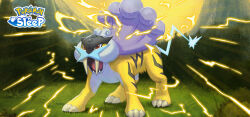 animal_focus colored_skin creatures_(company) electricity forest from_behind full_body game_freak gen_2_pokemon grass legendary_pokemon logo mountain nature nintendo no_humans official_art outdoors pokemon pokemon_(creature) pokemon_sleep purple_hair raikou red_eyes sky standing tail yellow_skin