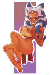  1girl ahsoka_tano alien alternate_breast_size arm_strap barefoot blue_eyes blush breasts brown_gloves brown_lips colored_skin commentary covering_nipples covering_privates english_commentary facial_tattoo fingerless_gloves full_body gloves headband highres invisible_chair klimspree large_breasts lekku_(anatomy) looking_at_viewer orange_skin pelvic_curtain sitting smile solo star_wars star_wars:_the_clone_wars tattoo toes togruta topless 