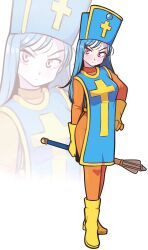 1girl absurdres afterimage blue_hair blue_tabard bodysuit boots commentary cross dragon_quest dragon_quest_iii full_body gloves highres holding_club jeff_miga long_hair looking_at_viewer orange_bodysuit pink_eyes priest_(dq3) solo standing tabard turtleneck turtleneck_bodysuit v-shaped_eyebrows yellow_footwear yellow_gloves 