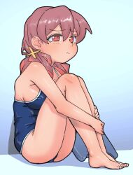 1girl :t bare_arms bare_legs bare_shoulders barefoot blue_background blue_one-piece_swimsuit breasts breasts_on_lap brown_hair commentary feet from_side full_body gradient_background hair_between_eyes highres hugging_own_legs kickboard large_breasts legs long_hair multicolored_hair murosaki_miyo one-piece_swimsuit onii-chan_wa_oshimai! pout red_eyes red_hair school_swimsuit shiriananmin simple_background sitting solo swimsuit toes two-tone_hair rating:Sensitive score:13 user:danbooru