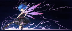  1girl absurdres alternate_color alternate_costume alternate_element bad_id bad_pixiv_id black_gloves black_skirt blue_eyes blue_hair boots cirno electricity electrokinesis energy_wings fairy fairy_wings gloves highres ikazu_cirno keli_bang lightning matching_hair/eyes ribbon short_hair skirt solo touhou wings 