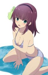 1girl angel_beats! arm_under_breasts bare_arms between_legs bikini black_hairband blue_bikini blunt_bangs blush bow breasts cleavage collarbone commentary curvy eyes_visible_through_hair foot_out_of_frame from_above green_bow green_eyes hair_bow hairband halterneck hand_between_legs highres lelie_(lelie_link) looking_at_viewer medium_breasts medium_hair nakamura_yuri open_mouth paid_reward_available purple_hair ripples shiny_skin shy sidelocks simple_background sitting solo straight_hair swimsuit thighs tsurime wariza water wet white_background 