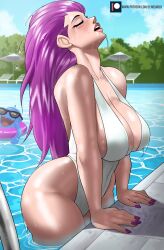 1girl absurdres arched_back bare_shoulders blue_sky breasts closed_eyes collarbone commentary creatures_(company) day echo_saber english_commentary english_text from_side game_freak gen_2_pokemon highres jessie_(pokemon) large_breasts long_hair nail_polish nintendo one-piece_swimsuit outdoors paid_reward_available patreon_logo patreon_username pokemon pokemon_(anime) pokemon_(creature) pool profile purple_hair sideboob sky sunglasses swimsuit teeth thighs tree upper_teeth_only water watermark web_address wet wet_hair white_one-piece_swimsuit wobbuffet rating:Sensitive score:196 user:danbooru