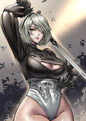  1girl 2024 2b_(nier:automata) absurdres arm_up black_gloves black_shirt blue_eyes breasts cleavage_cutout clenched_teeth clothing_cutout commentary cowboy_shot day english_commentary facing_viewer falling_petals feather-trimmed_sleeves female_focus gloves grey_sky groin hair_over_one_eye highleg highleg_leotard highres holding holding_sword holding_weapon juliet_sleeves large_breasts legs_together leotard long_sleeves looking_at_viewer mole mole_under_mouth nier:automata nier_(series) outdoors overcast parted_lips petals puffy_sleeves red_lips shiny_skin shirt short_hair sky solo spread_fingers sword teeth thick_thighs thighs treartz v-shaped_eyebrows weapon white_hair white_leotard 