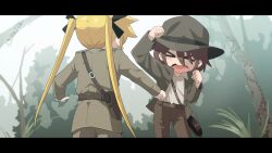  &gt;_&lt; 2girls blonde_hair brown_hair brown_headwear brown_jacket brown_pants clenched_hands closed_eyes collared_shirt commentary_request cosplay cowboy_shot day forest fuka_(kantoku) grass gun hair_between_eyes handgun highres holstered indiana_jones indiana_jones_(cosplay) indiana_jones_(series) jacket kill_me_baby letterboxed long_bangs long_hair long_sleeves multiple_girls nature open_mouth oribe_yasuna outdoors pants shirt short_hair sonya_(kill_me_baby) tree weapon white_shirt 