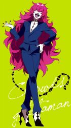  1boy :d alien androgynous arm_up bad_id bad_pixiv_id berg_katse blue_pants blue_suit collarbone copyright_name crossed_legs formal full_body gatchaman_crowds green_background hair_over_eyes hand_on_own_hip high_heels highres ichinose_yukino long_hair male_focus messy_hair open_collar open_mouth pale_skin pants pink_hair prehensile_tail red_lips red_nails sharp_teeth simple_background smile solo standing suit tail teeth two-tone_footwear very_long_hair 