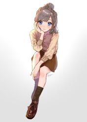  1girl :3 artist_name between_legs blouse blue_eyes blush brown_footwear brown_hair brown_skirt closed_mouth full_body hair_bun hand_up highres indie_virtual_youtuber invisible_chair loafers long_sleeves looking_at_viewer miniskirt nail_polish naname_(7name) parted_bangs shiny_footwear shirt shirt_tucked_in shoes simple_background single_hair_bun sitting skirt smile socks solo tassel_loafers white_background yamada_suzume 