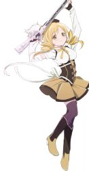 artist_request beret corset drill_hair gun hat highres magical_girl magical_musket mahou_shoujo_madoka_magica striped_clothes striped_thighhighs thighhighs tomoe_mami twin_drills vertical-striped_clothes vertical-striped_thighhighs weapon