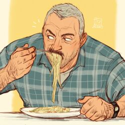  1boy aaron_gruber_(o_natsuo88) arm_hair bara beard_stubble eating facial_hair facial_scar food food_in_mouth fork grey_hair hand_hair highres holding holding_fork looking_to_the_side male_focus mature_male mustache notice_lines o_natsuo88 old old_man original pasta receding_hairline scar scar_on_cheek scar_on_face shirt short_hair simple_background solo stubble thick_eyebrows thick_mustache upper_body watch wrinkled_skin wristwatch 